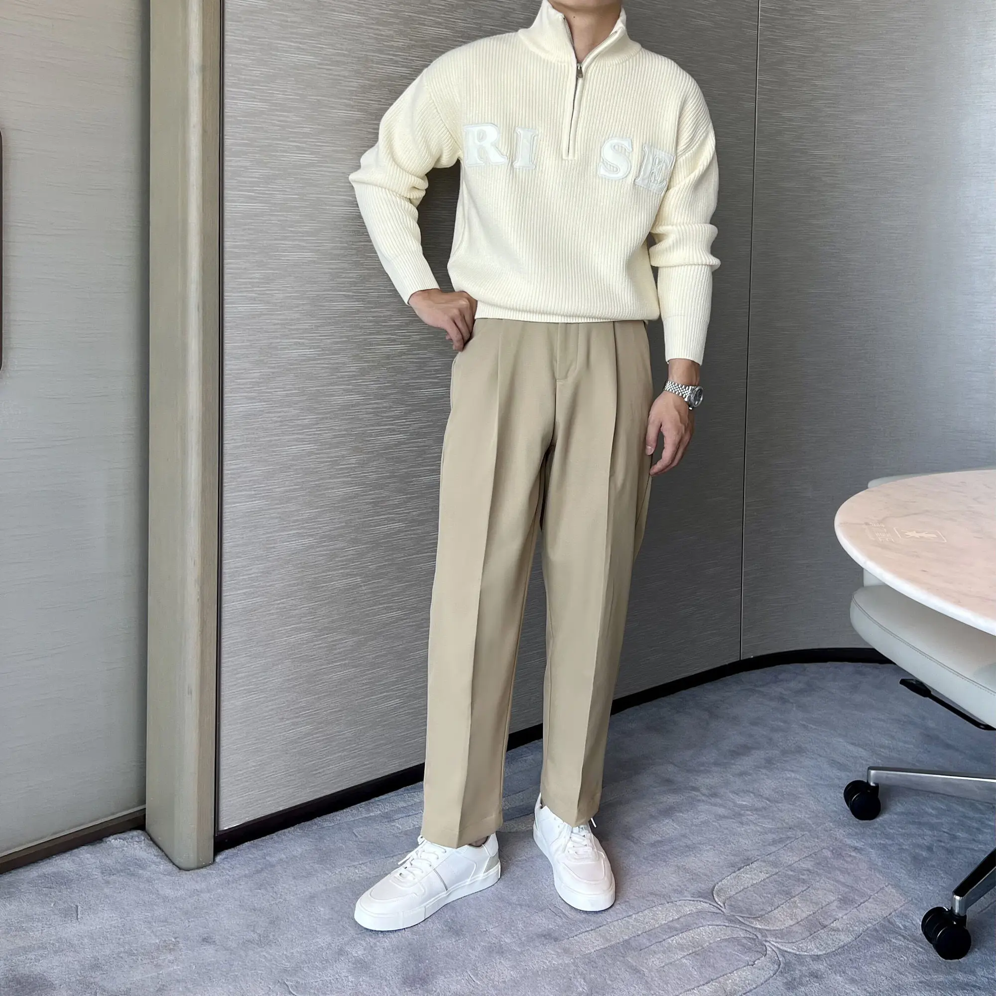 2025 Winter Warm Half Turtleneck Zipper Knitted Sweater Men Korean Fashion Embroidery Letter Logo Loose Casual Pullover Men