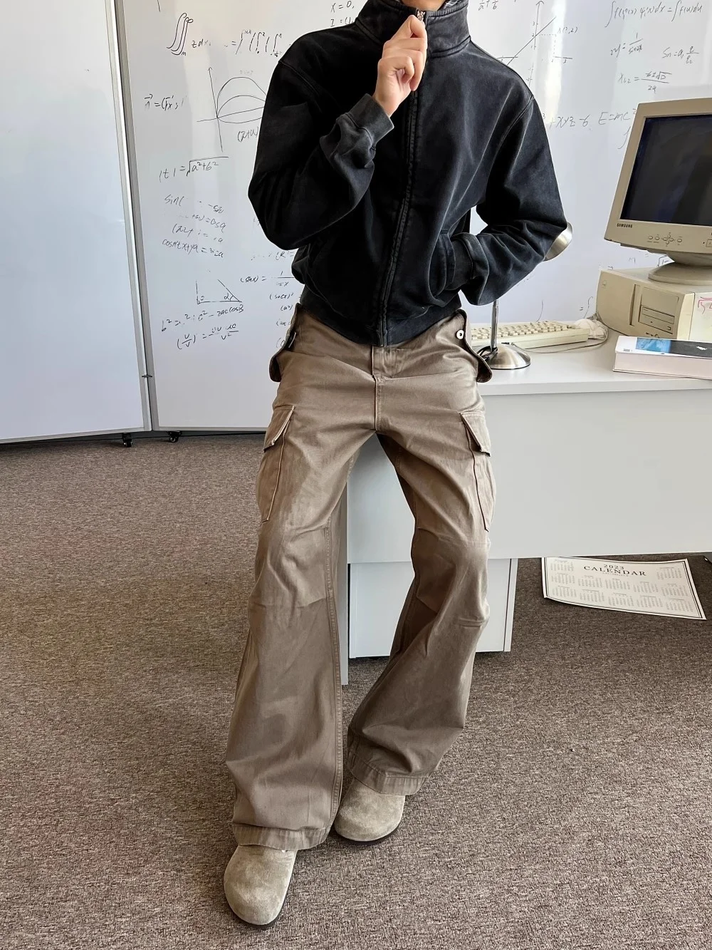 

American Sle Loose Straight Leg Multi ket Sand Color Work Trousers Clean Fit Casual Pants for Teenagers All Seasons