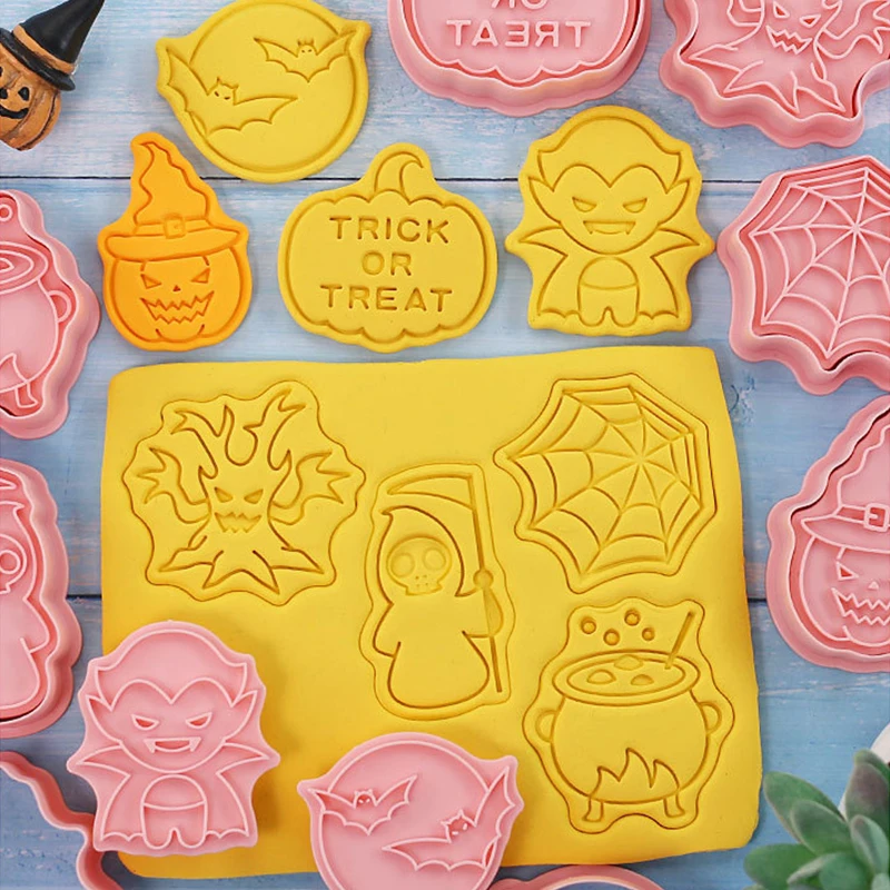 8pcs/set Halloween Cookie Cutters Pumpkin Ghost Witch Biscuit Mold Cookie Stamps Baking Mold DIY Kitchen Baking Tool