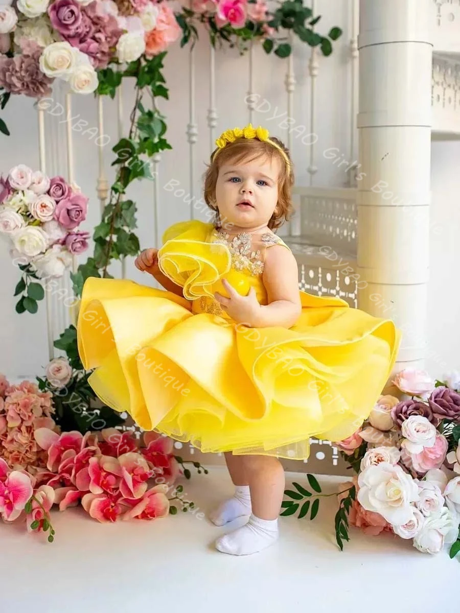 맞춤형 유아용 노란색 공주 드레스 러플 새틴 플라워 걸 드레스 웨딩 무릎 길이 어린이 생일 파티 볼 가운