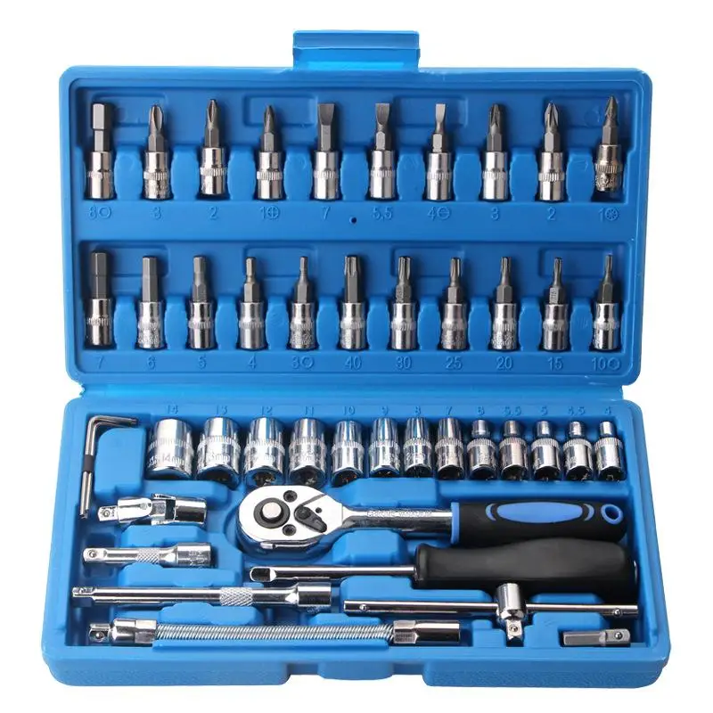 New 46Pcs Wrench Drive Socket Ratchet Wrench Set, With Bit Socket Metric And Extension Bar For Auto Car Repairing Tools