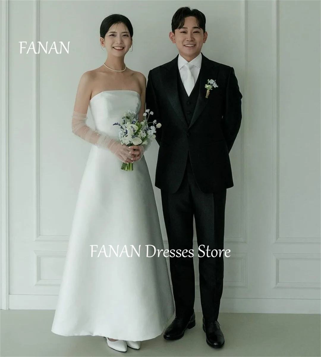 

FANAN Korea Strapless Ivory Wedding Dresses Satin Long Pearls Sleeves 웨딩드레스 A-Line Simple Custom Made Bride Gowns Plus Size