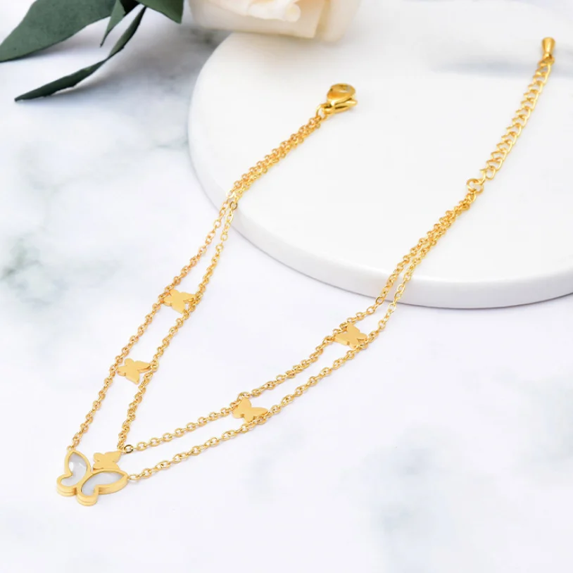 316L Stainless Steel New Fashion High-end Jewelry 2 Layer Embed Natural Shells Welding Butterfly Charm Chain Anklet For Women
