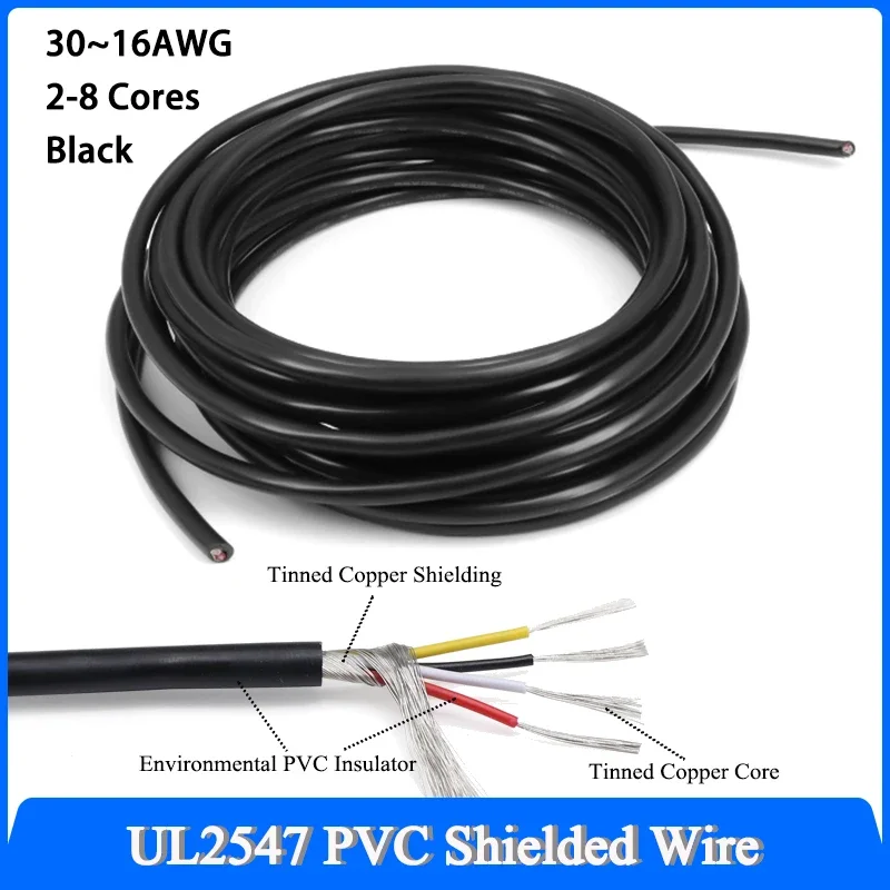 1-10M Black UL2547 PVC Shielded Wire  30 28 26 24 22 20 18 16AWG Signal Shielded Cable 2 3 4 5 6 7 8Cores Channel Audio Line