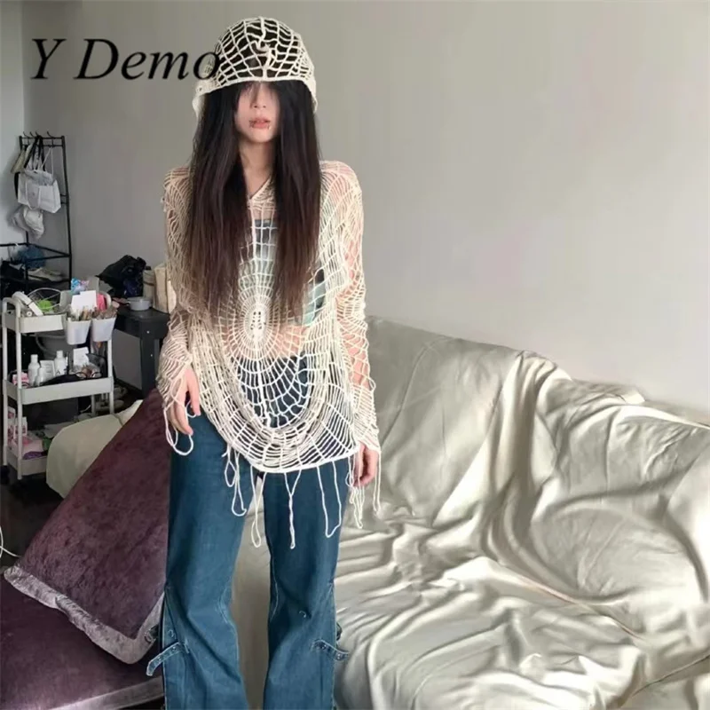 Y Demo Y2k Hollow Out Spider Web Women Hooded Knitted Sweater Loose Grunge Sexy Long Pullover