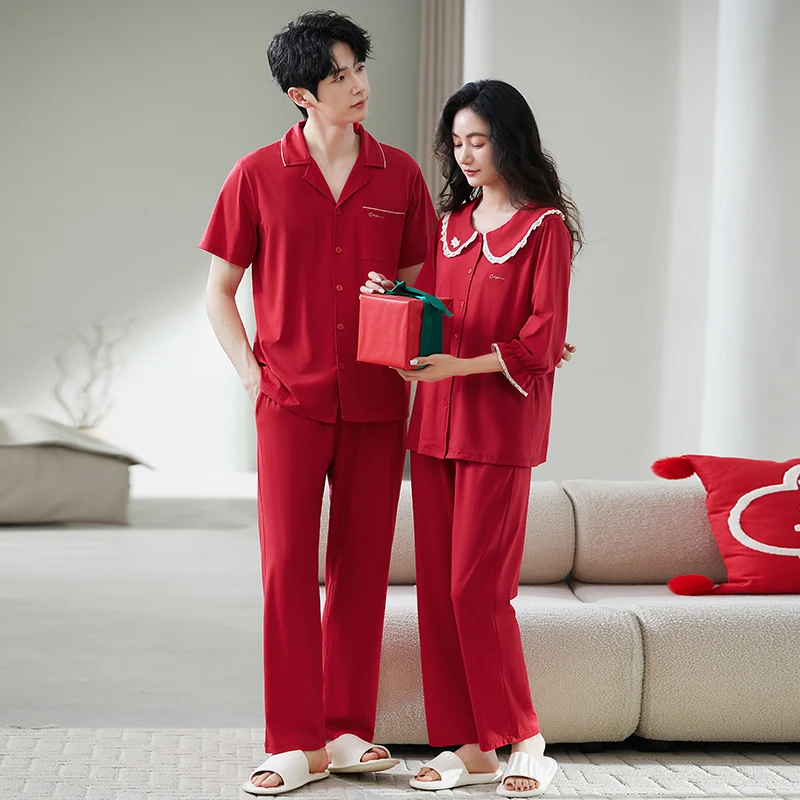 

Big Size M-6XL Summer Couple Pajama Set 100% Cotton Turn-down Collar Short Sleeve Pyjamas