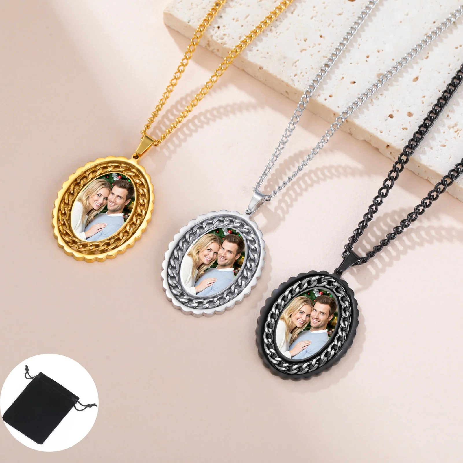 Customized color printed photo necklace oval pendant necklace stainless steel picture customization rhinestone inlaid jewelry