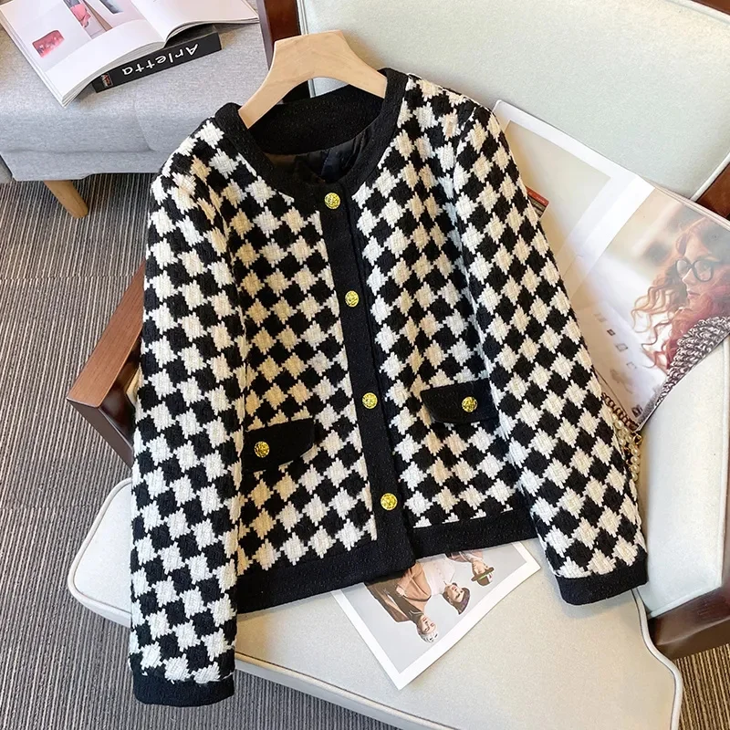 Plaid Long Sleeve Fashion Woolen Coat 2024 New Women Autumn Winter Loose Temperament Round Neck Short Wool Outerwear Female Tops