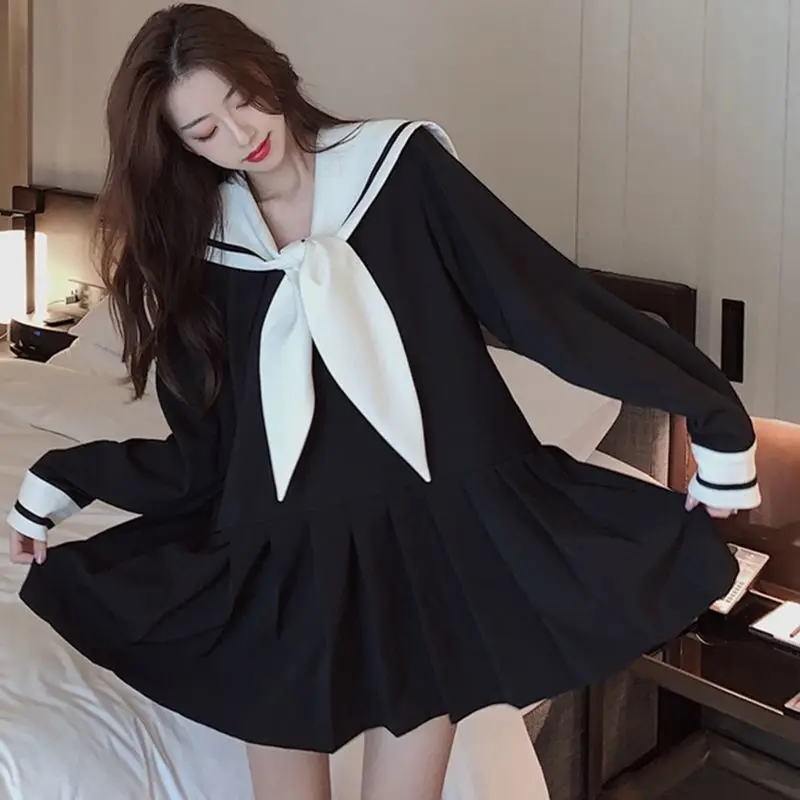 Long Sleeve Dresses Women Sailor Collar Pleated JK 3XL Sweet Japanese Style Slim Mini Daily Casual Ins Fashion Street New Lovely