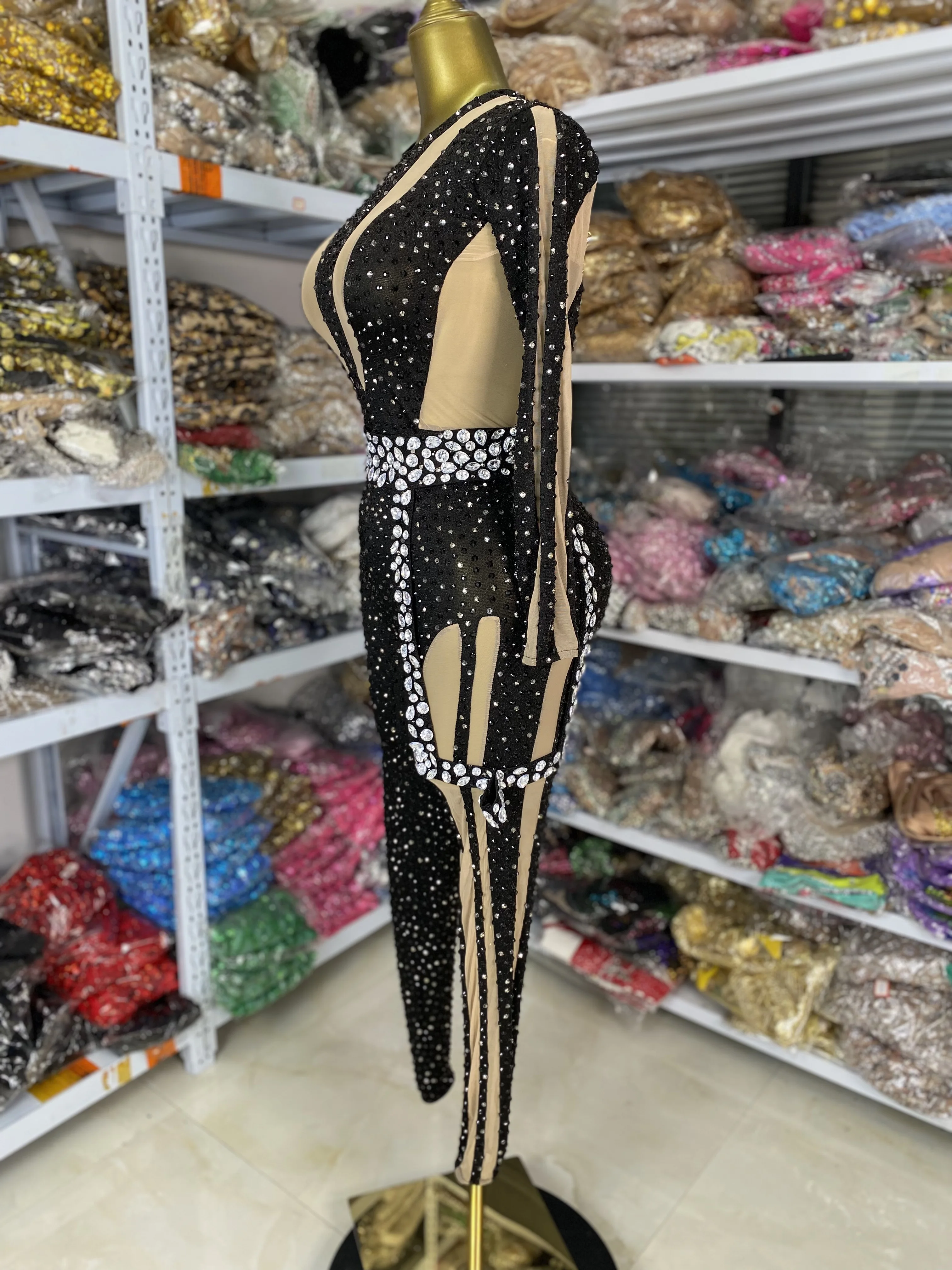 卸売 女性用 デザイン キラキラ ラインストーン メッシュ ボディコン ジャンプスーツ 歌手 ダンサー パフォーマンスコスチューム イブニングクラブ パーティードレス