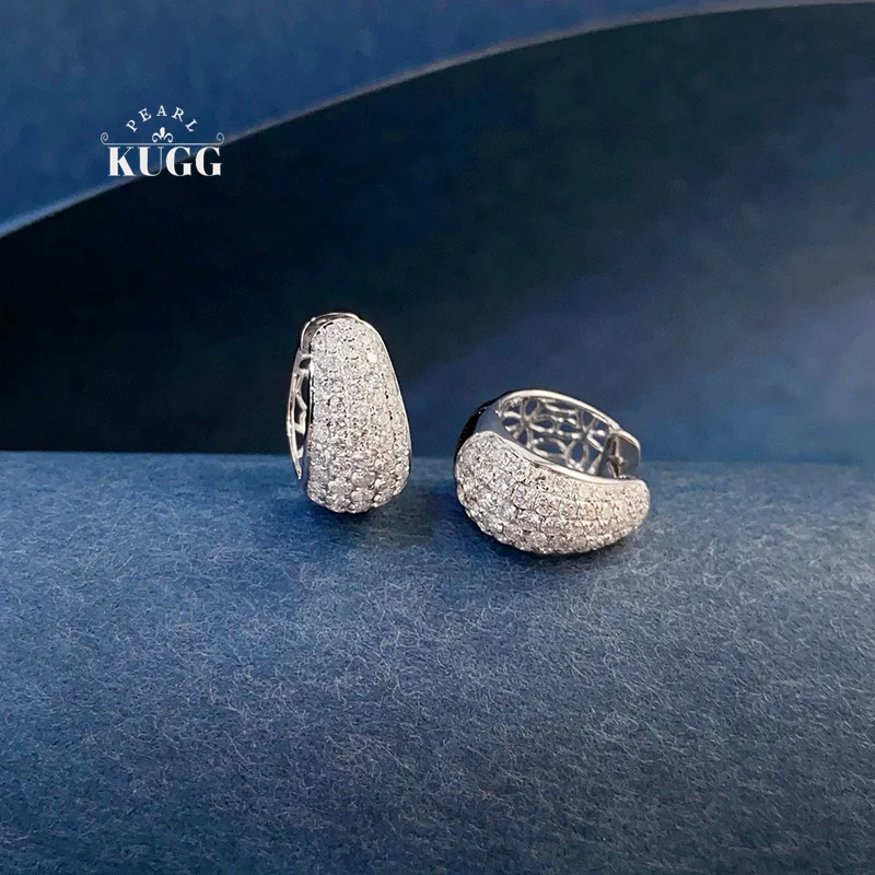 KUGG 100% 18K White Gold Earrings Women Luxury Shiny Design 1.60carat Real Natural Diamond Hoop Earrings High Party Jewelry