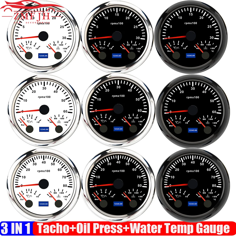 7 Color LED 85mm Tachometer+Oil Pressure+Water Temperature Meter Multi 3 IN 1 Meter Waterproof for Car Boat Yacht 12V24V Custom