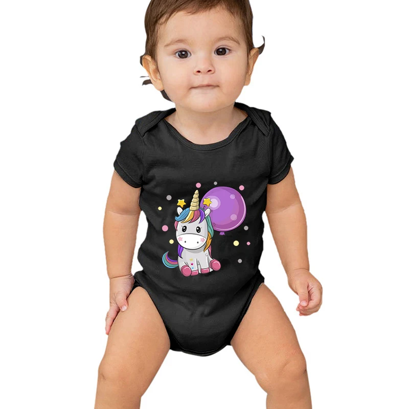 Cute Unicorn Holding Balloons Print Bodysuit Baby Cotton Short Sleeve Newborn Clothes Cartoon Unicorn Baby Boy Girl Jumpsuits