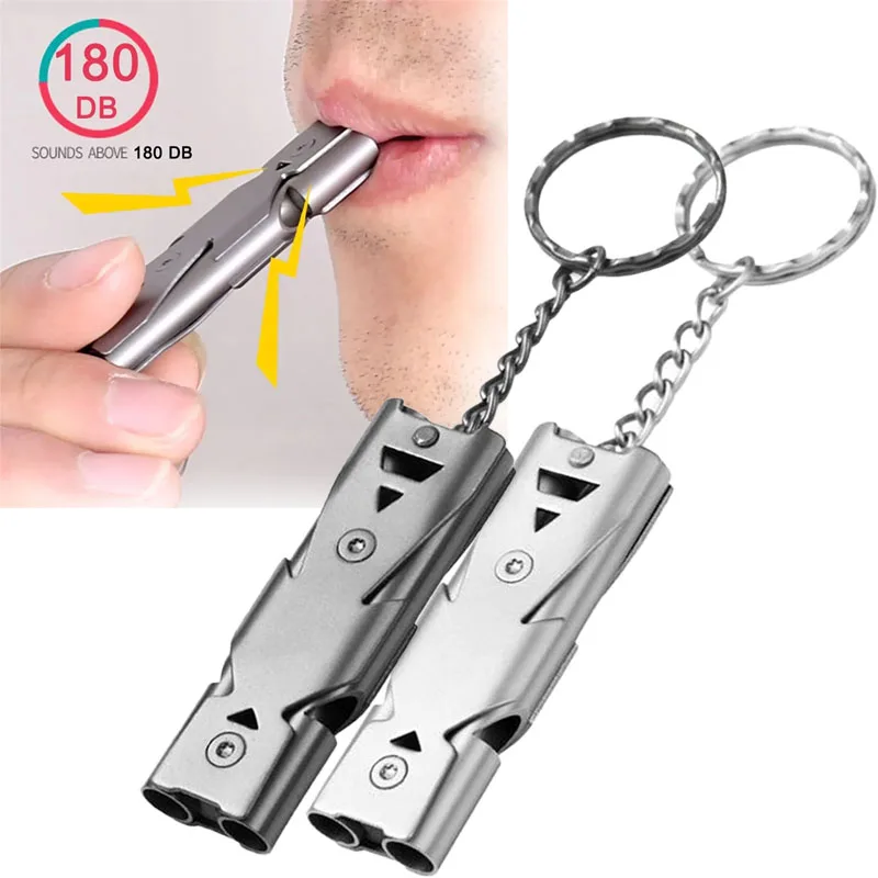 مزدوجة الأنابيب صافرة قلادة المفاتيح عالية ديسيبل المحمولة في الهواء الطلق بقاء أداة تخييم الطوارئ متعددة الوظائف 1 قطعة #1