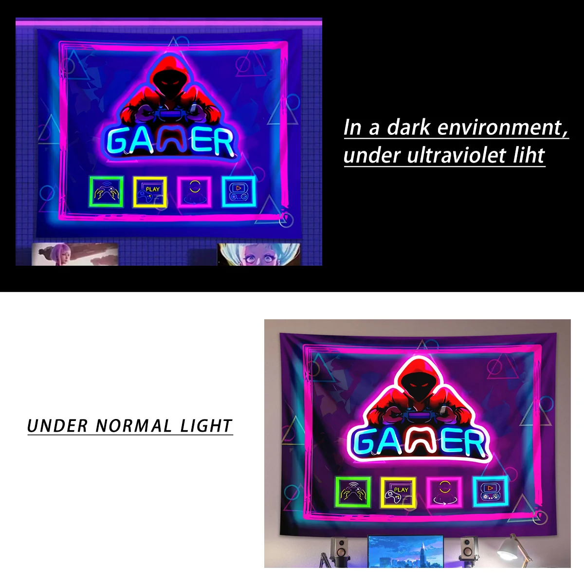 Tapiz fluorescente de juego de estilo Punk, tapiz reactivo UV, decoración de habitación de esports para niños, efecto de luz de neón, 1 pieza