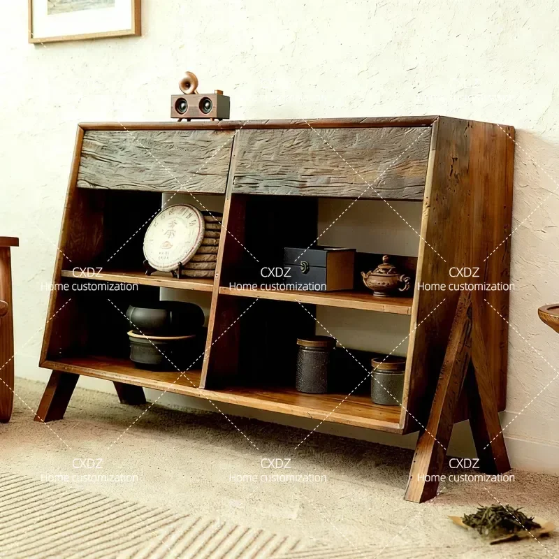 Wabi Sabi Style Solid Wood Side Cabinet Weathered Finish Storage Locker Living Room Partition Entrance Console Table for Home