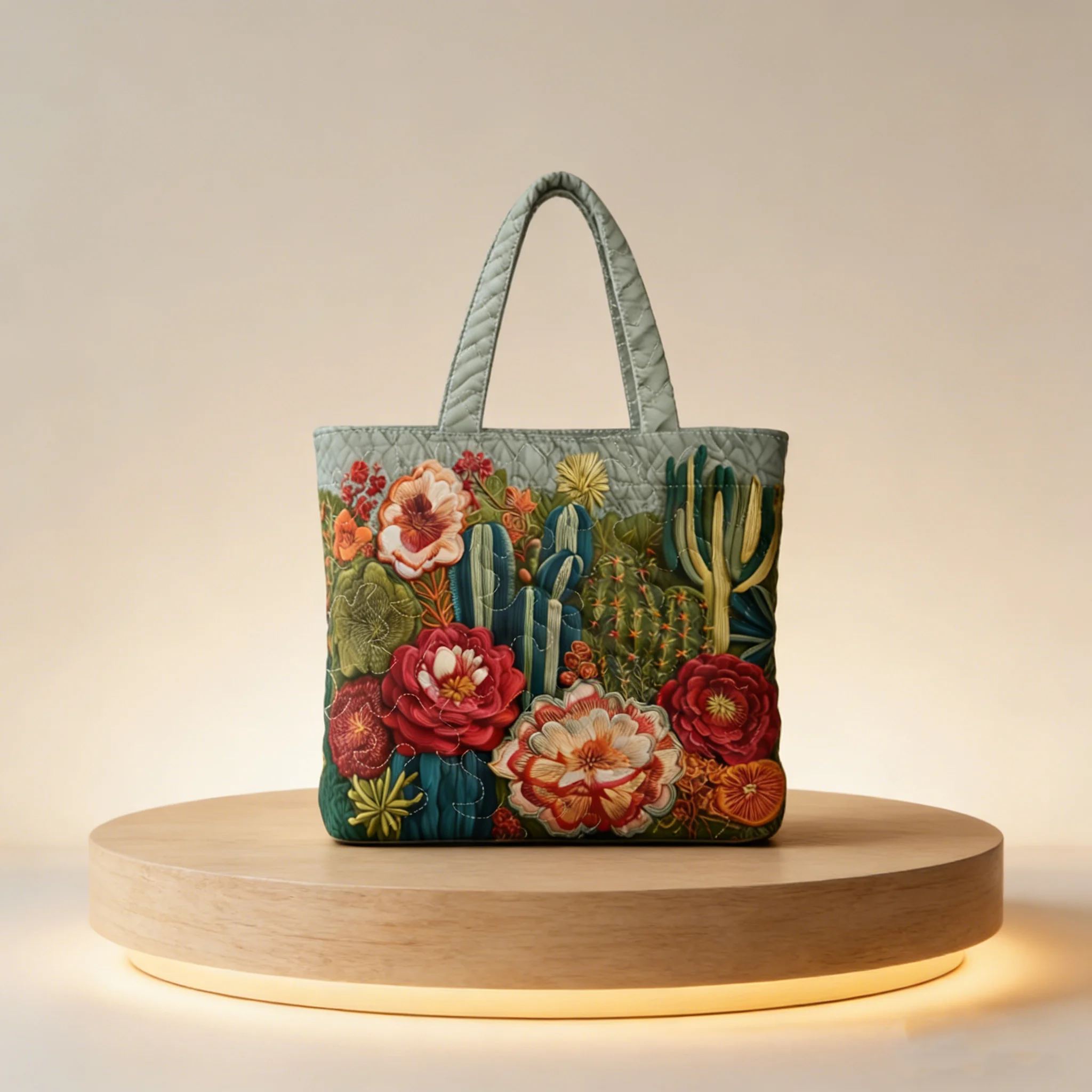

Bohemian Cactus Floral Quilted Tote Bag, Lightweight Large Capacity Handbag for Travel and Shopping