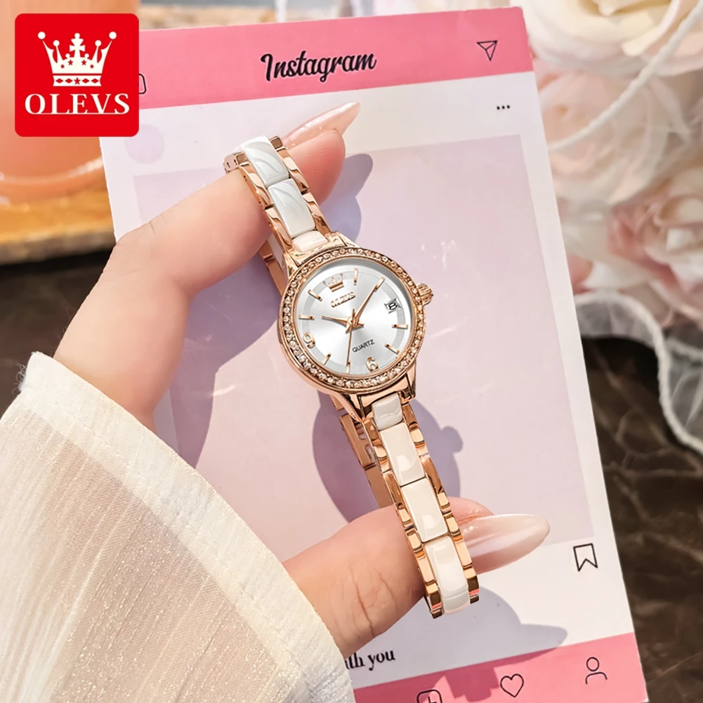 OLEVS 7093 Original Quartz Watch for Women Elegant Ceramics Steel Strap Luxury Diamond Bezel Waterproof Ladies Dress Wristwatch