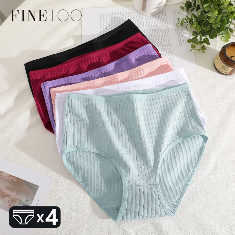 FINETOO 4 TEILE/SATZ Baumwolle Gestreiften frauen Unterwäsche Sexy Hohe Taille Höschen Solide Weiche Slip Weibliche Atmungsaktive Stretch Dessous