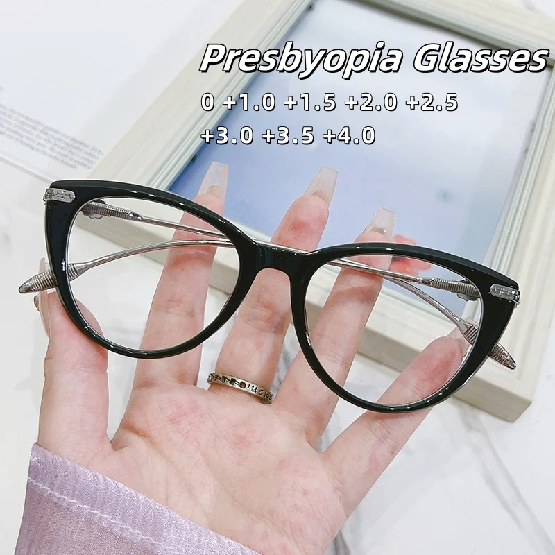

New Fashionable Ultra Light Large Frame Cat Eye Presbyopia Glasses Retro Women's HD Anti Blue Light Glasses Diopter To +4.0