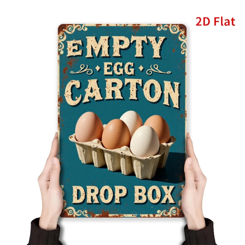 2D Flat, Vintage Metal Egg Carton Delivery Box Sign - 8x12 Inch Rustic Farmhouse Style Iron Wall Art with 