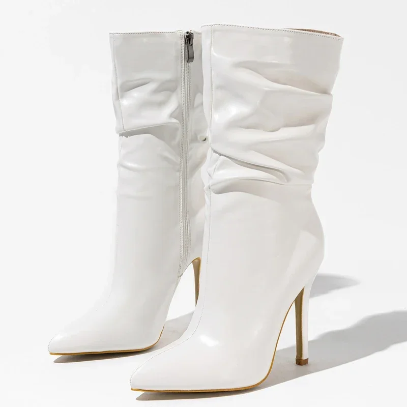 Eilyken Design Sexy Pleated Pointed Toe Zipper Women Ankle Boots Fashion Thin High Heels Stripper Modern Booties Shoes
