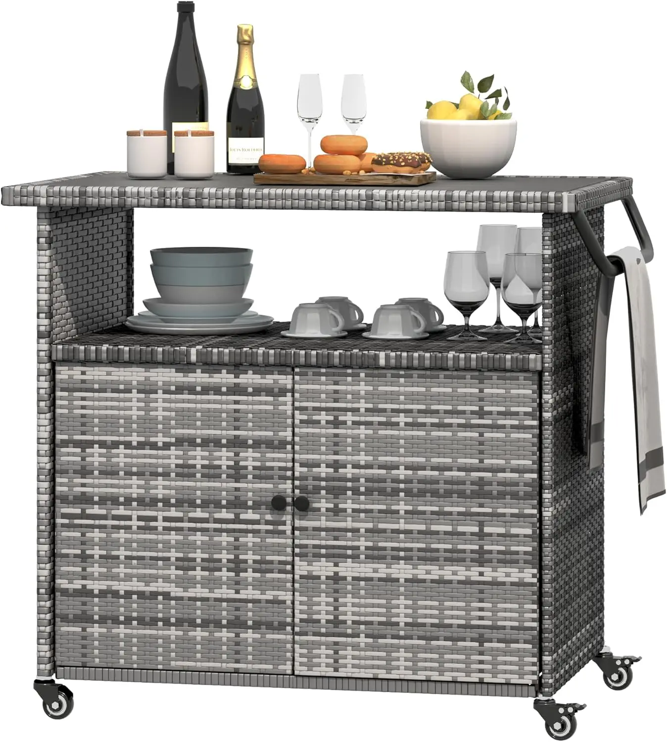 

Outdoor Grill Cart with Wheels, Wicker Outdoor Storage Cabinet Movable Outdoor Bar Cart w/Shelf Patio Bar Table Rolling Portable