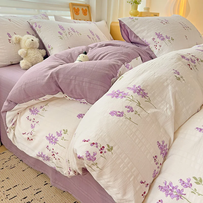 Purple Lavender Floral Duvet Cover 4pcs Bedding Set Flower Quilt Cover Polyester Comforter Cover 1 Flat Sheet with 2 Pillowcases