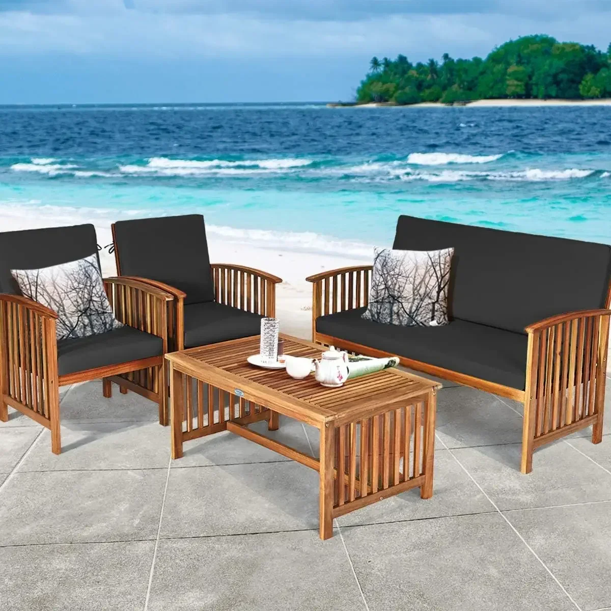 Outdoor 4 PCS Acacia Wood Sofa Set w/Water Resistant , Seating Chat Set w/Coffee Table for Garden, Backyard, Poolside (1, Black)