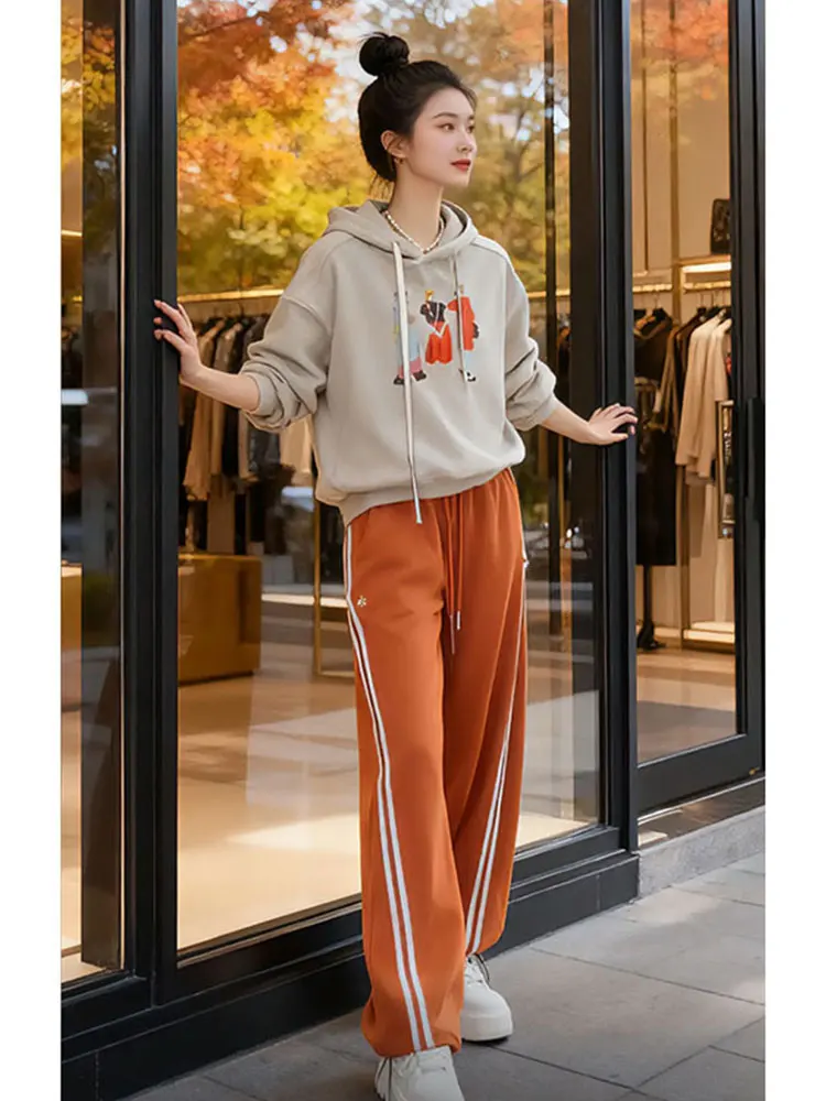 

Hooded Fce Sweatirt And Striped Wide Leg Pants Set Comfortable Warm Casual Sle Women's Faion Ensemble Winter Collection