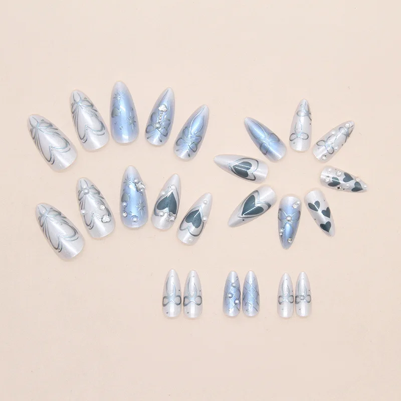 24 peças de unhas prensadas azul sonhador gelado com glitter de pérola 3D diamantes brilhantes e pérolas estreladas presente perfeito para meninas