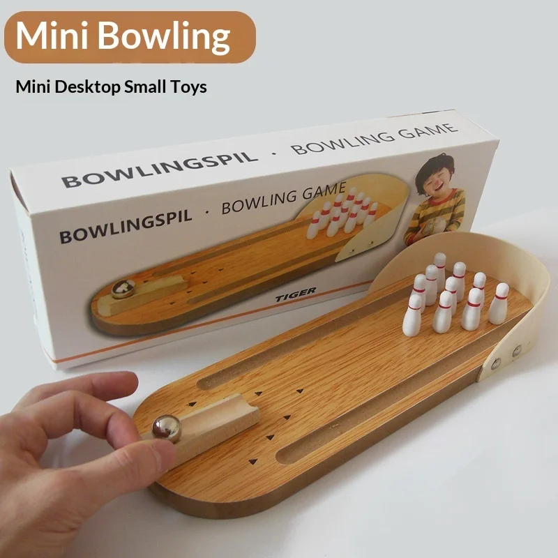 

Tiger Mini Solid Wood Tabletop Bowling Game Creative Educational Interactive Toy For Kids Family Desktop Rolling Ball Play Set
