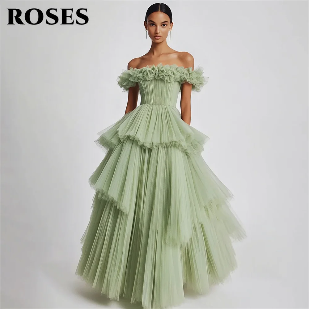 

ROSES Light Green Tiered Tulle 프롬 드레 Off the Shoulder Prom Gowns Ruffle Pleated Party Dress for Formal Event Customized