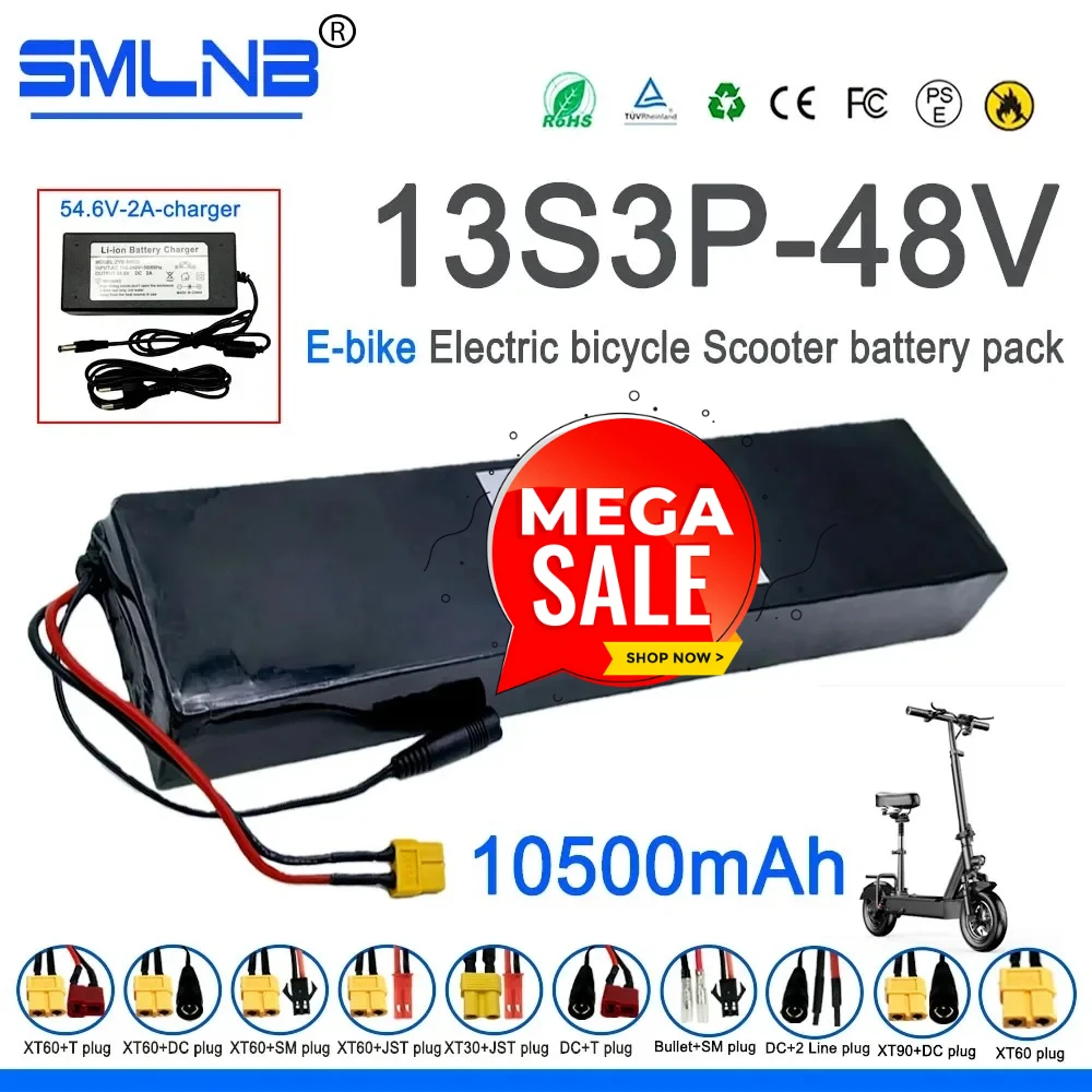 

13S3P E-bike Electric bicycle Scooter 48v 10.5Ah 1000w Lithium Li-ion Battery Pack For 54.6v with discharge BMS + charger