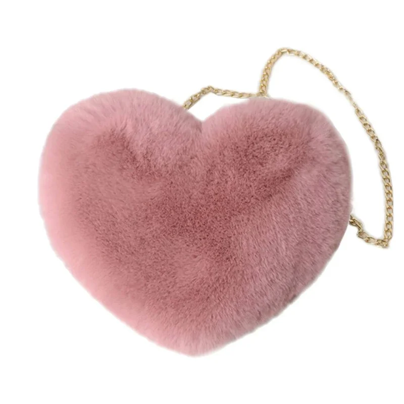 New women heart shaped soft faux fur crossbody handbag fluffy mini shoulder bag with detachable chain strap zipper messenger bag