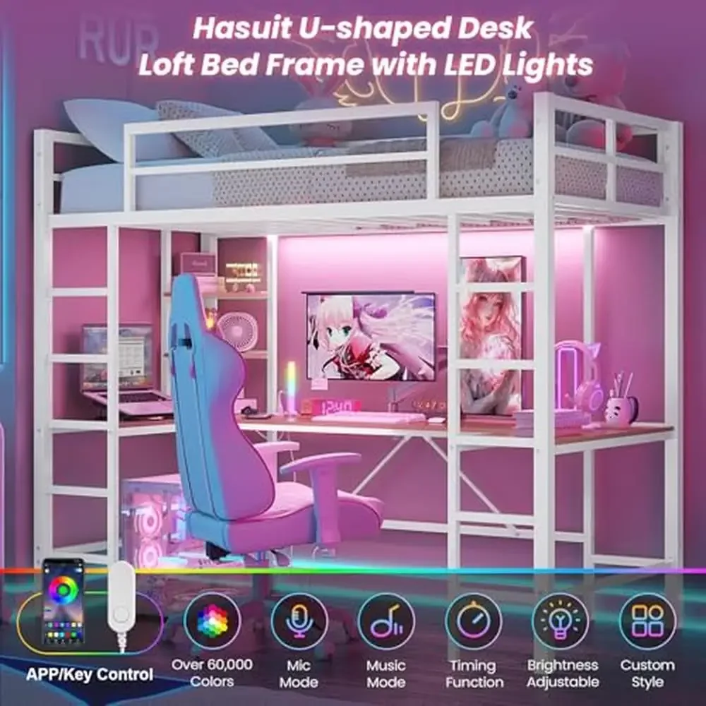 Twin Loft Bed with U-Shaped Desk Charging Station LED Lights Open Shelves Safety Guardrails Sturdy Steel Frame Easy Assembly image 3
