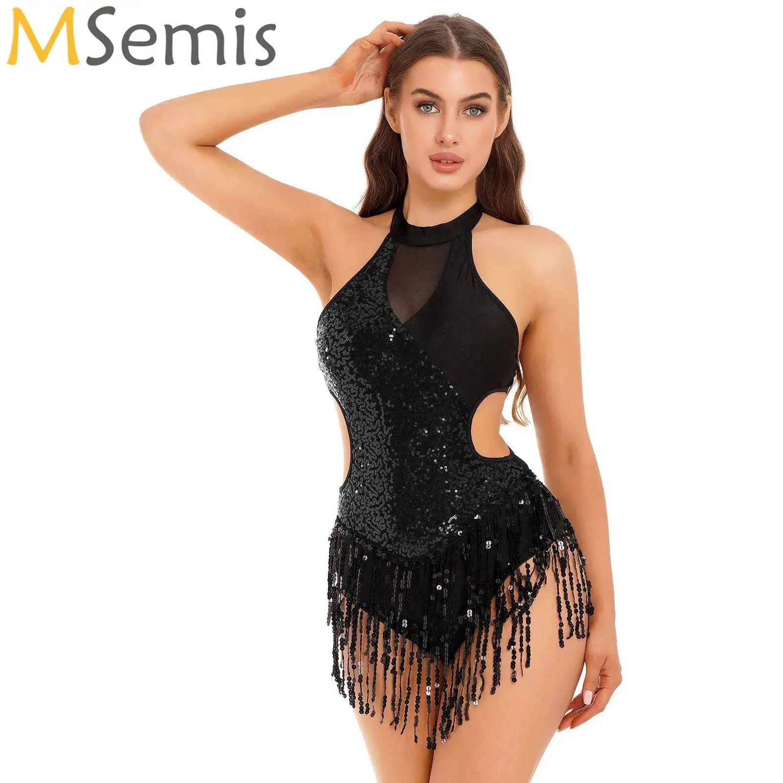 Womens Latin Dance Leotard Dress Sequins Fringed Bodysuit Ballroom Competition Tango Cha Cha Rumba Dancewear Performance Costume