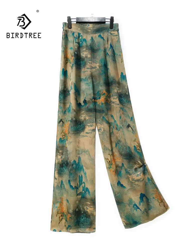 

BirdTree, 32MM Silk Watered Gauze Elegant Wide Leg Pants, Women High Waist Printed, Retro Loose Trouser, 2024 Summer B45924QC