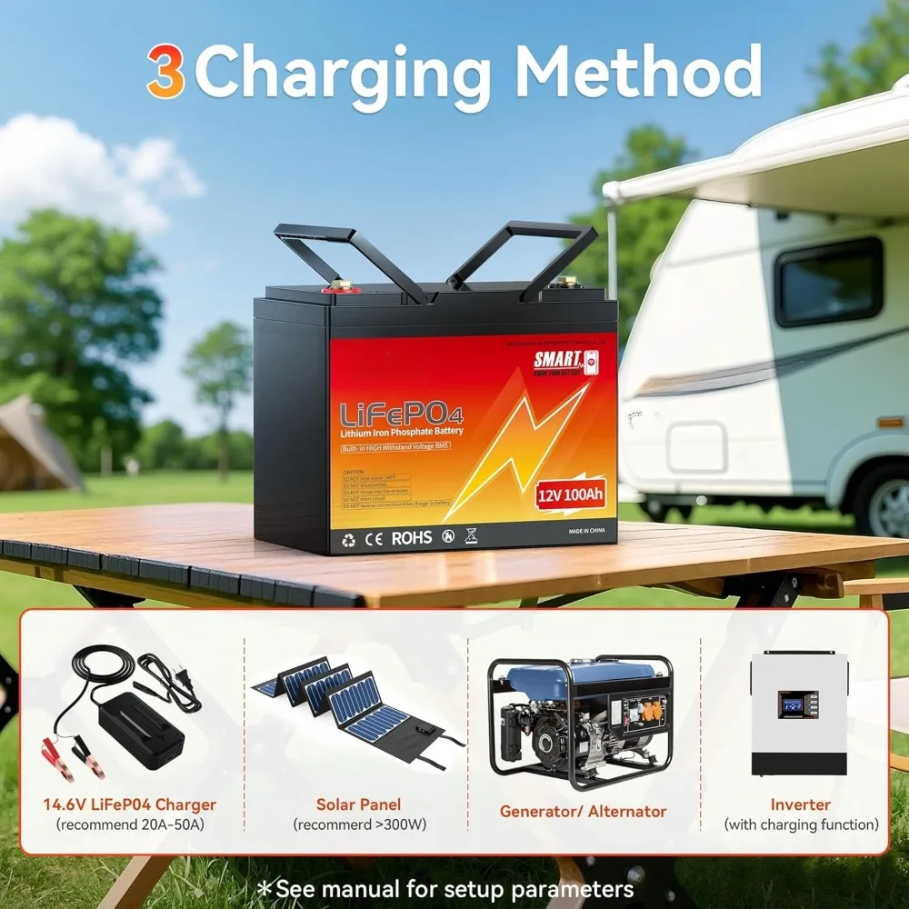 بطارية ليثيوم LiFePO4 12 فولت 100 أمبير مع بلوتوث - BMS مدمجة، حماية منخفضة الحرارة، 5000+ دورة - فوسفات حديد الليثيوم من الدرجة الأولى