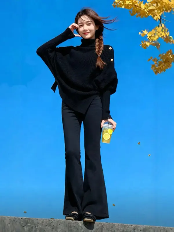 

Sli Korean High Collar Long Sve Bla Knitted Sweater Asymmetrical Design Faionable Winter Top for Women