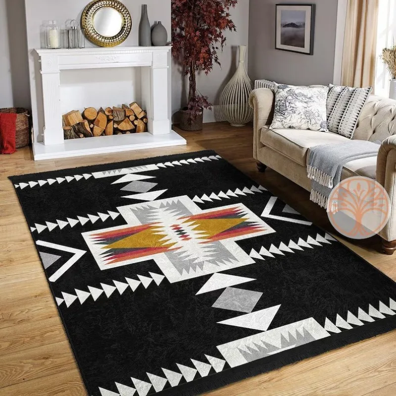 Aztec Fringed Design Rug Anti-Slip Floor Mat Southwestern Rug Rustic Pattern Machine-Washable Ethnic Geometric Corridor Rug Deco