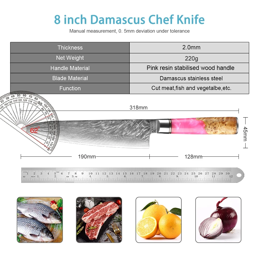 XITUO Japanese Chef Knife, 67-Layer Damascus Steel 8 Inch Ultra-sharp Kitchen Knife with AUS-10 Core, Pink Resin Wooden Handle
