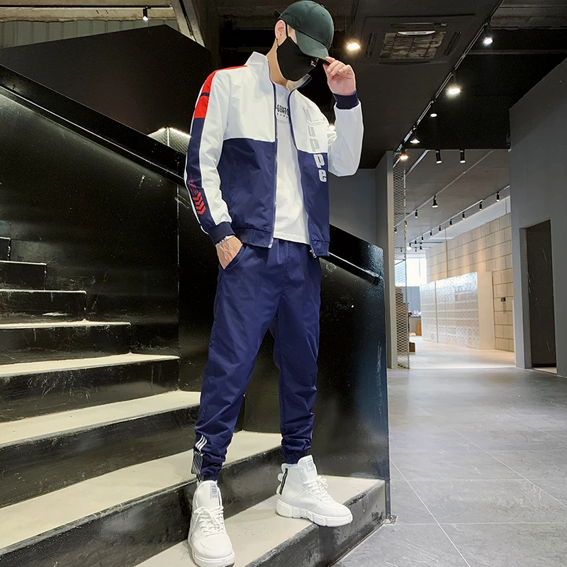 2023 Hip-Hop Men\'s Sportswear Work Clothes Men\'s Jacket Trousers Two-piece Suit Ribbon Jacket Trousers Men\'s Clothing