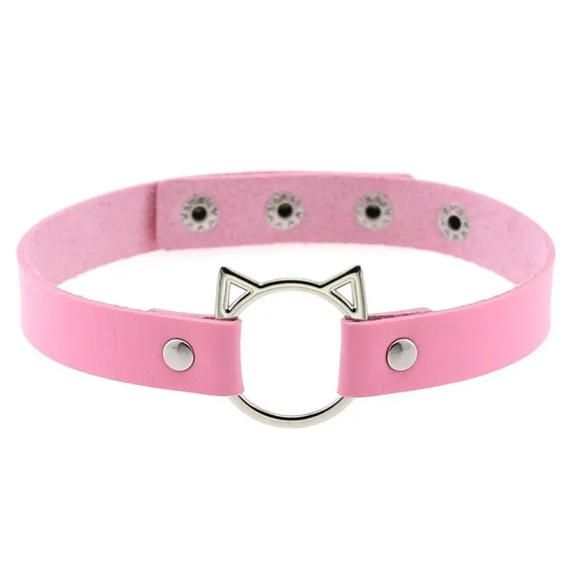 1 Pcs Women Black Synthetic Leather Sexy Collar With Cat Spike Choker Buckle Goth Alternative Thin Gothic Necklace Studded Punk