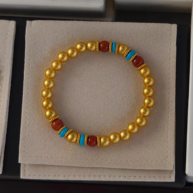 

9999 24K real gold new Chinese style ancient French style turquoise gold bead bracelet for women with red agate gold bracelet
