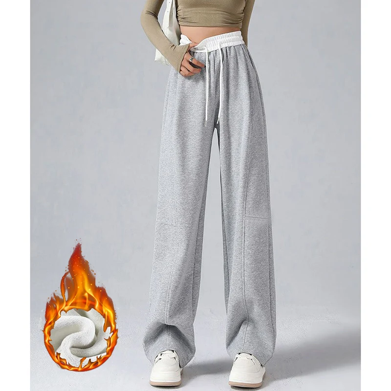 Winter Lady High Waist Thermal Fleece Pants Women Fashion Plush Straight Leg Trousers Girls Snow Warm Loose Daily Pants