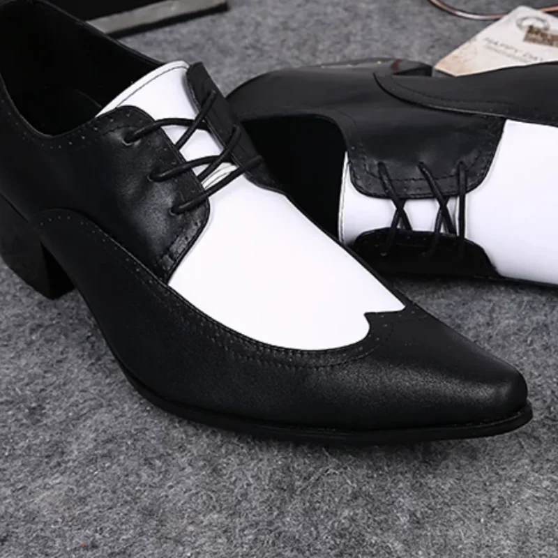 Crossover Strap Shoes for Mens Pointed Toes Chunky Mid Heels Mixed Colors Males Loafers Stitching Zapatos Hommes Shallow Hombre