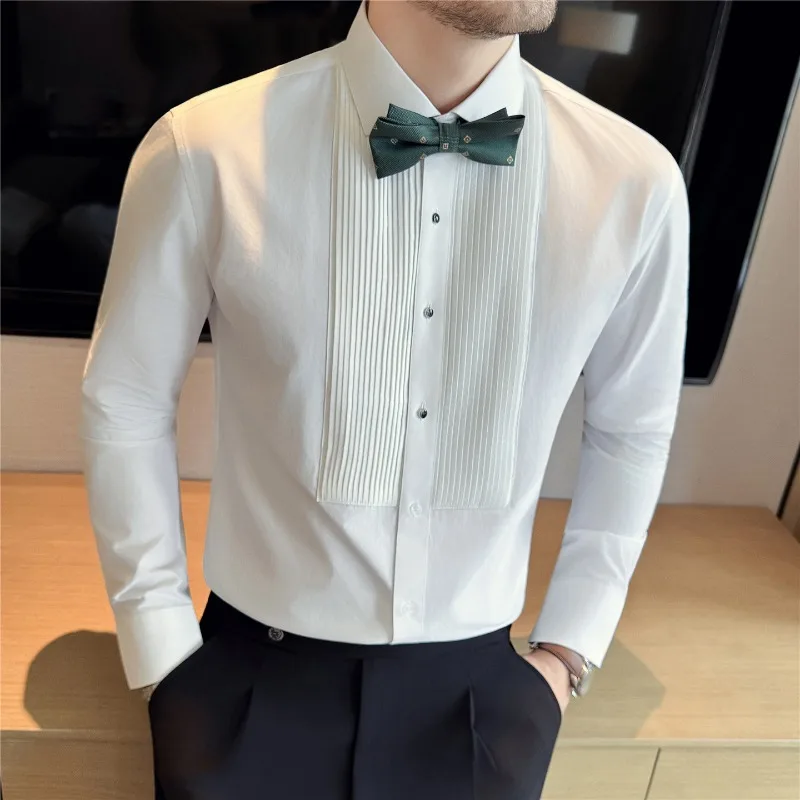 Men Dress Shirt French Wing Collar Solid Color Casual White Black Long Sleeve Shirt Fashion Social Banquet Tuxedo Men Clothing