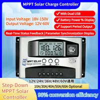 10/30/40/50/60A 12V-60V Step-Down MPPT Solar Charge Controller LCD Dual USB Bluetooth APP 18V-150V Voltage Regulator