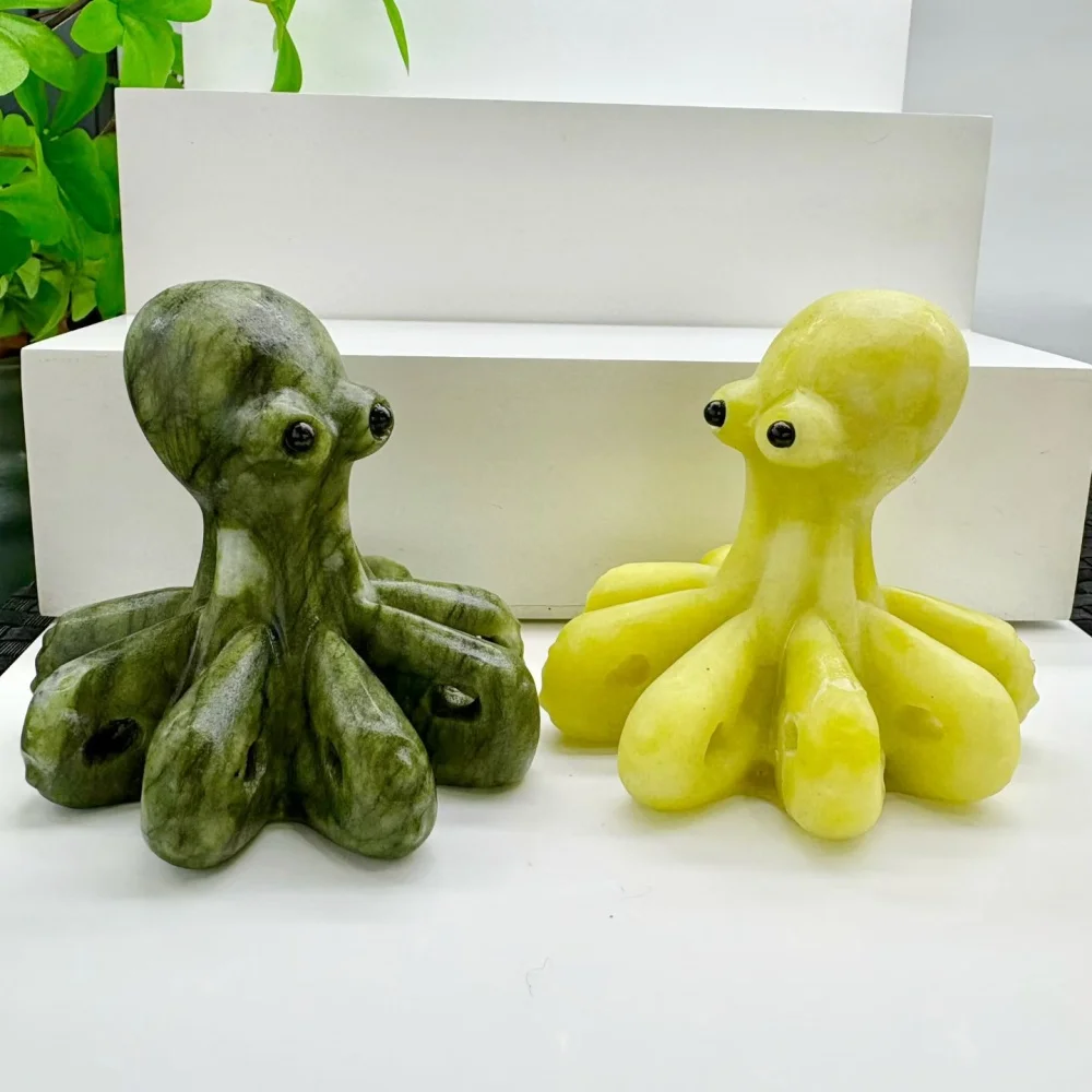 Natural Serpentine Calcite Yellow Jade Octopus Figurine Hand Carved Stone Octopus Statue Healing Crystal Animal Statue